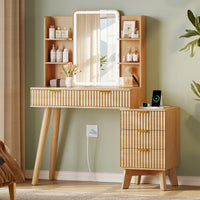 Anymaple Linea Oak fluted vanity desk with HD lighted mirror main view with HD lighted mirror, fluted drawers, side shelves, and charging station