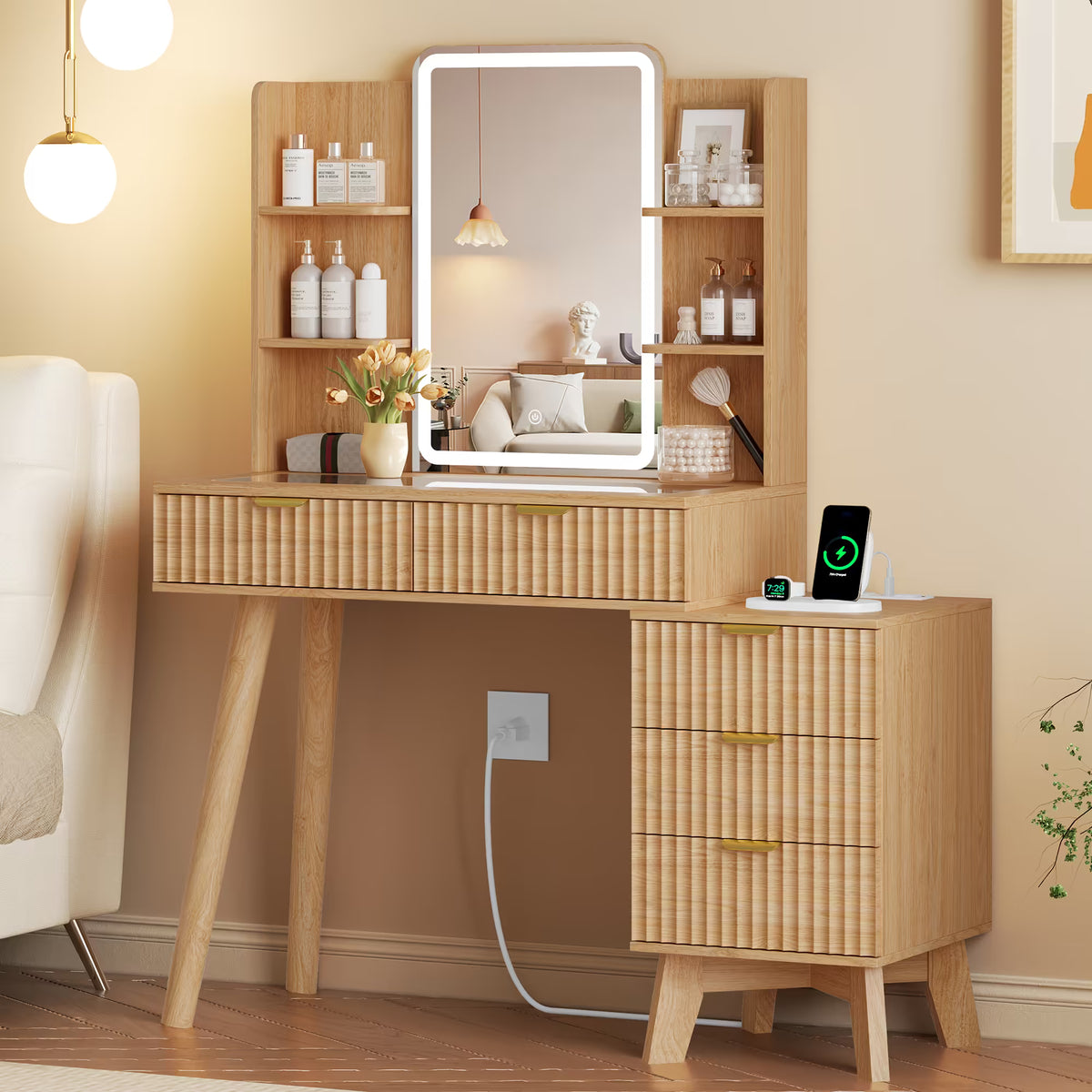 Anymaple Linea Oak fluted vanity desk with HD lighted mirror HD mirror and LED lighted makeup station detail
