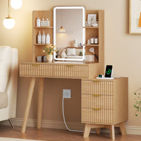 Anymaple Linea Oak fluted vanity desk with HD lighted mirror HD mirror and LED lighted makeup station detail