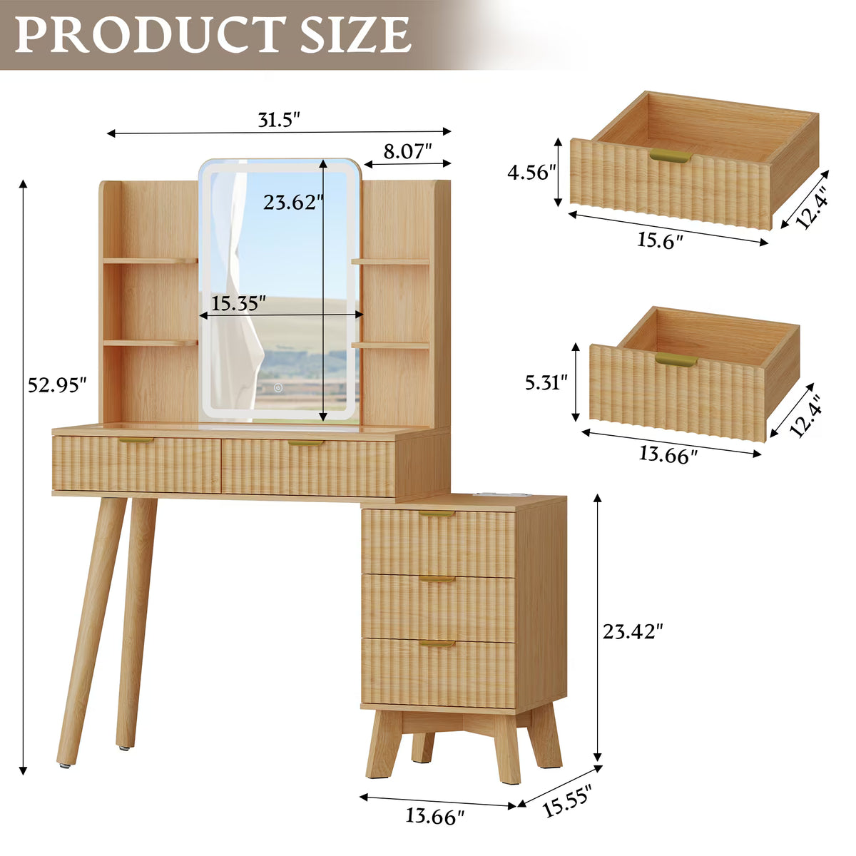 Anymaple Linea Oak fluted vanity desk with HD lighted mirror product size dimensions, 42"W x 16"D x 53"H