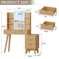 Anymaple Linea Oak fluted vanity desk with HD lighted mirror product size dimensions, 42"W x 16"D x 53"H