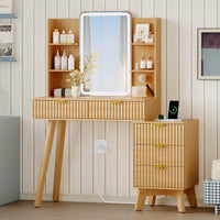 Anymaple Linea Oak fluted vanity desk with HD lighted mirror side cabinet and lower drawer storage for beauty essentials
