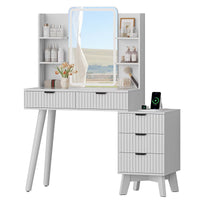 Anymaple Linea White fluted vanity desk with HD lighted mirror modern bedroom dressing table room view