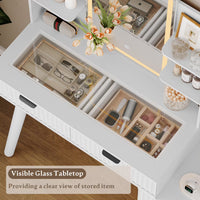 Anymaple Linea White fluted vanity desk with HD lighted mirror drawer organization for cosmetics, jewelry, and makeup tools