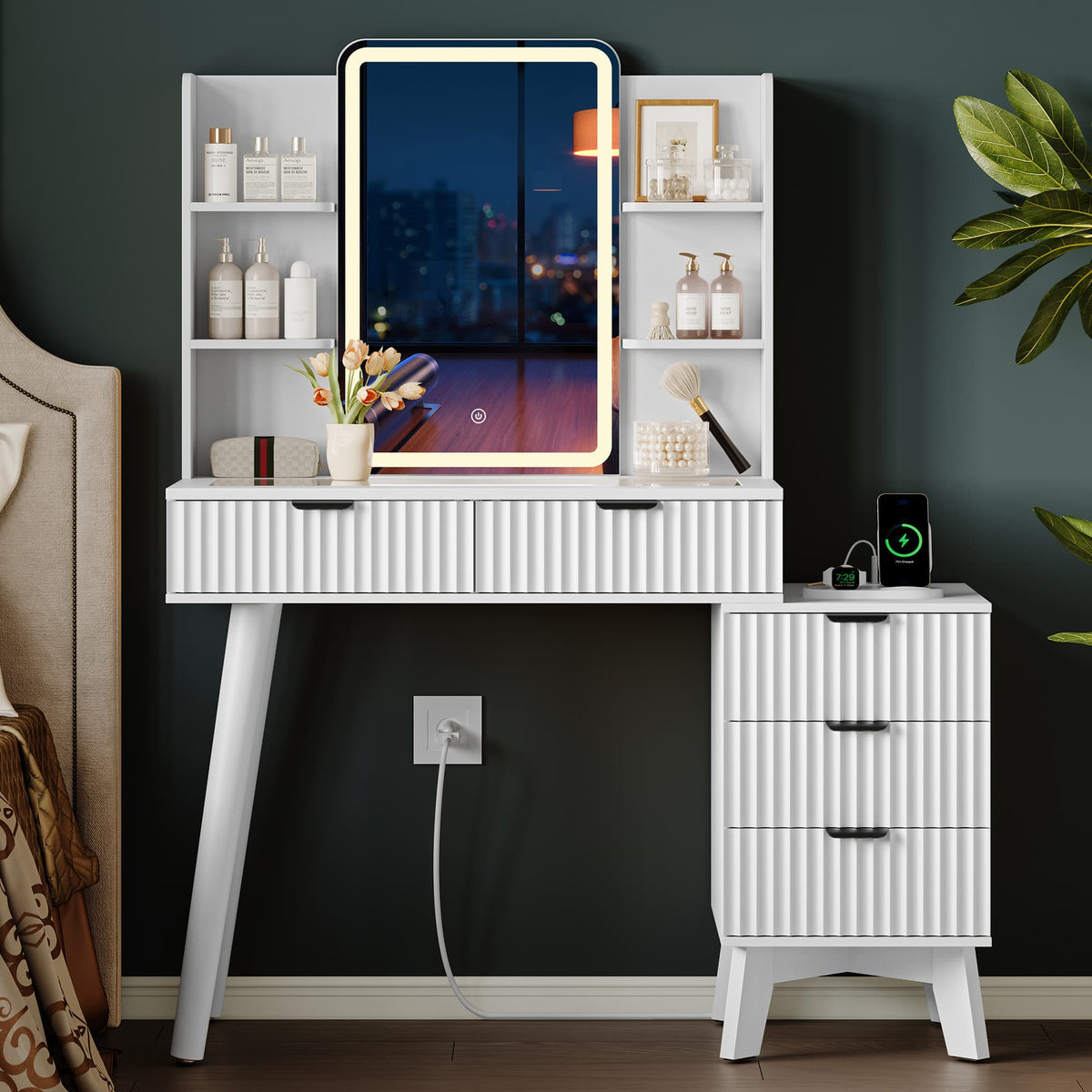 Anymaple Linea White fluted vanity desk with HD lighted mirror fluted drawer fronts and hidden pull detail