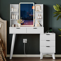 Anymaple Linea White fluted vanity desk with HD lighted mirror fluted drawer fronts and hidden pull detail