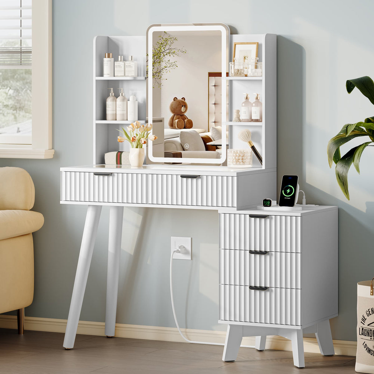 Anymaple Linea White fluted vanity desk with HD lighted mirror transparent glass tabletop with visible cosmetic storage