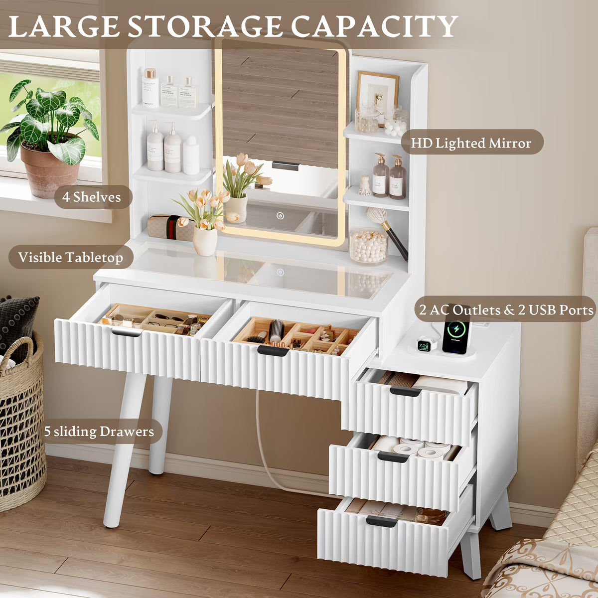 Anymaple Linea White fluted vanity desk with HD lighted mirror three color lighting modes with adjustable brightness