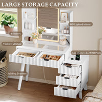 Anymaple Linea White fluted vanity desk with HD lighted mirror three color lighting modes with adjustable brightness