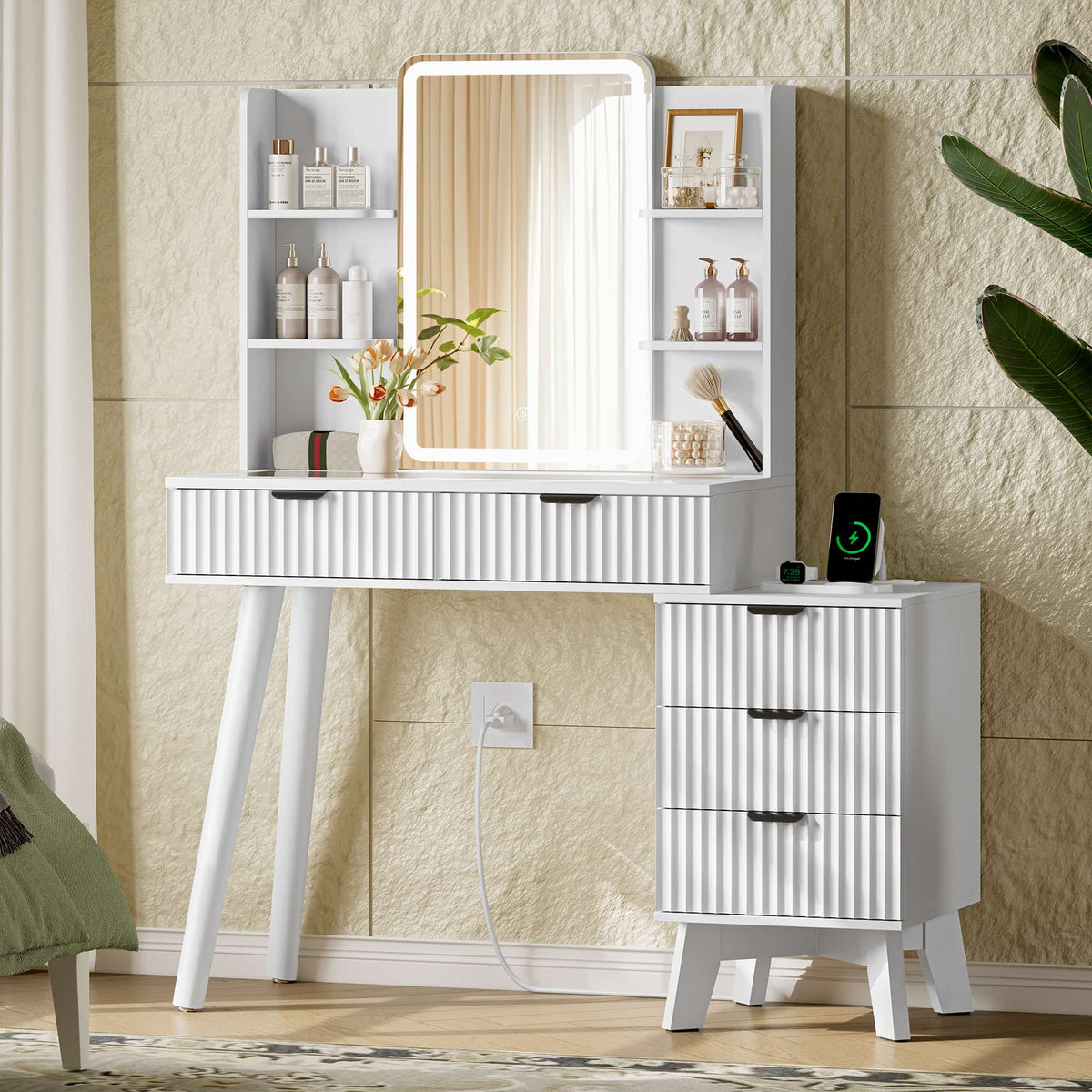 Anymaple Linea White fluted vanity desk with HD lighted mirror main view with HD lighted mirror, fluted drawers, side shelves, and charging station