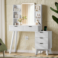 Anymaple Linea White fluted vanity desk with HD lighted mirror main view with HD lighted mirror, fluted drawers, side shelves, and charging station