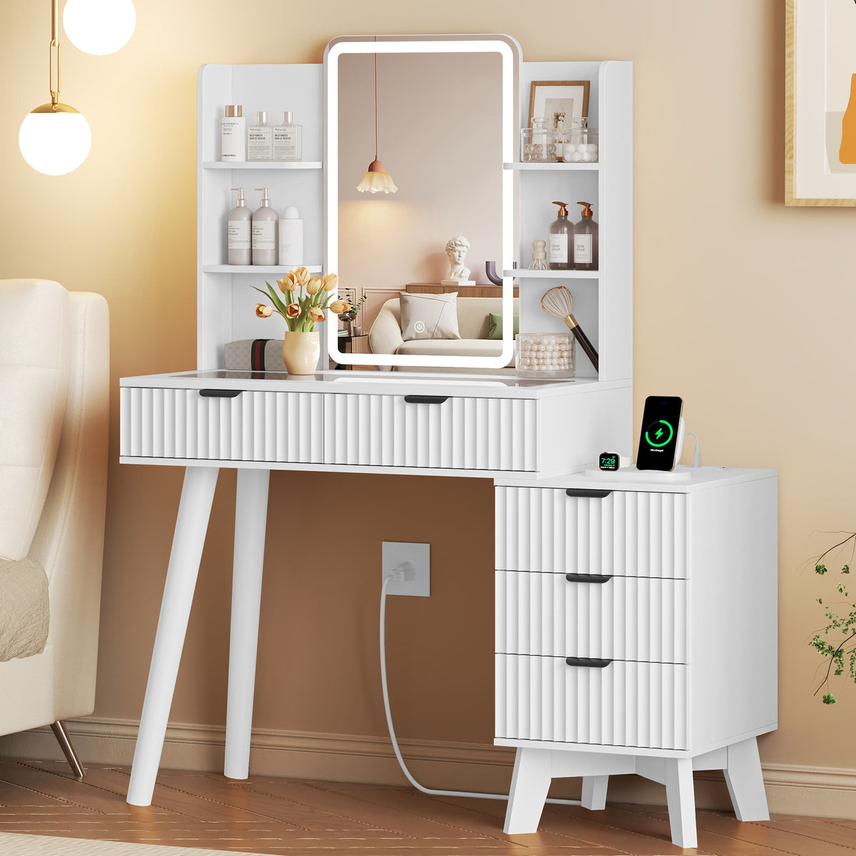 Anymaple Linea White fluted vanity desk with HD lighted mirror HD mirror and LED lighted makeup station detail