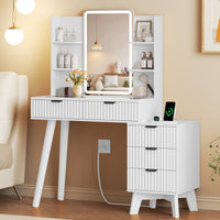 Anymaple Linea White fluted vanity desk with HD lighted mirror HD mirror and LED lighted makeup station detail