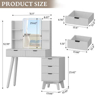 Anymaple Linea White fluted vanity desk with HD lighted mirror product size dimensions, 42"W x 16"D x 53"H