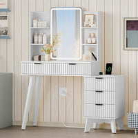 Anymaple Linea White fluted vanity desk with HD lighted mirror side cabinet and lower drawer storage for beauty essentials
