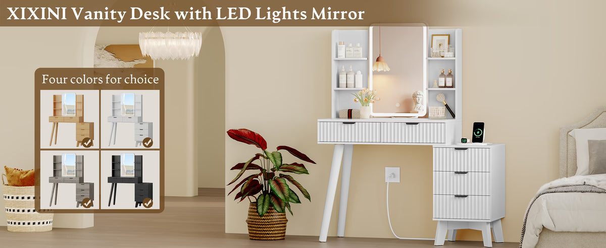 Linea Fluted Vanity Desk with HD Lighted Mirror | Anymaple