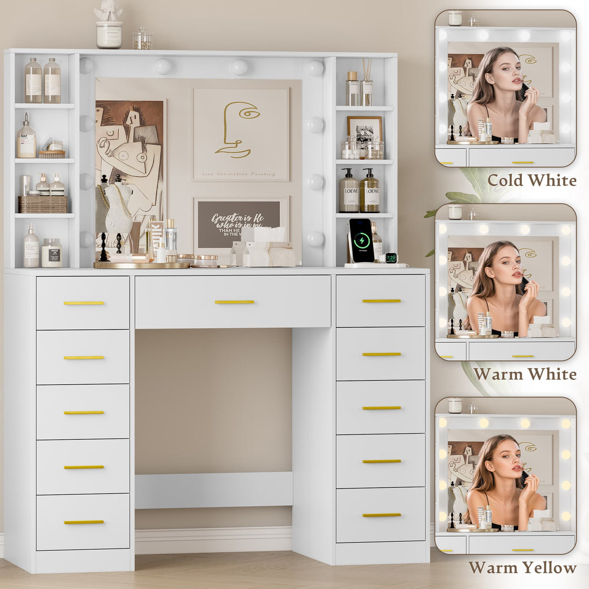 HLG166 Vanity Desk With HD Lighted Mirror and Lights