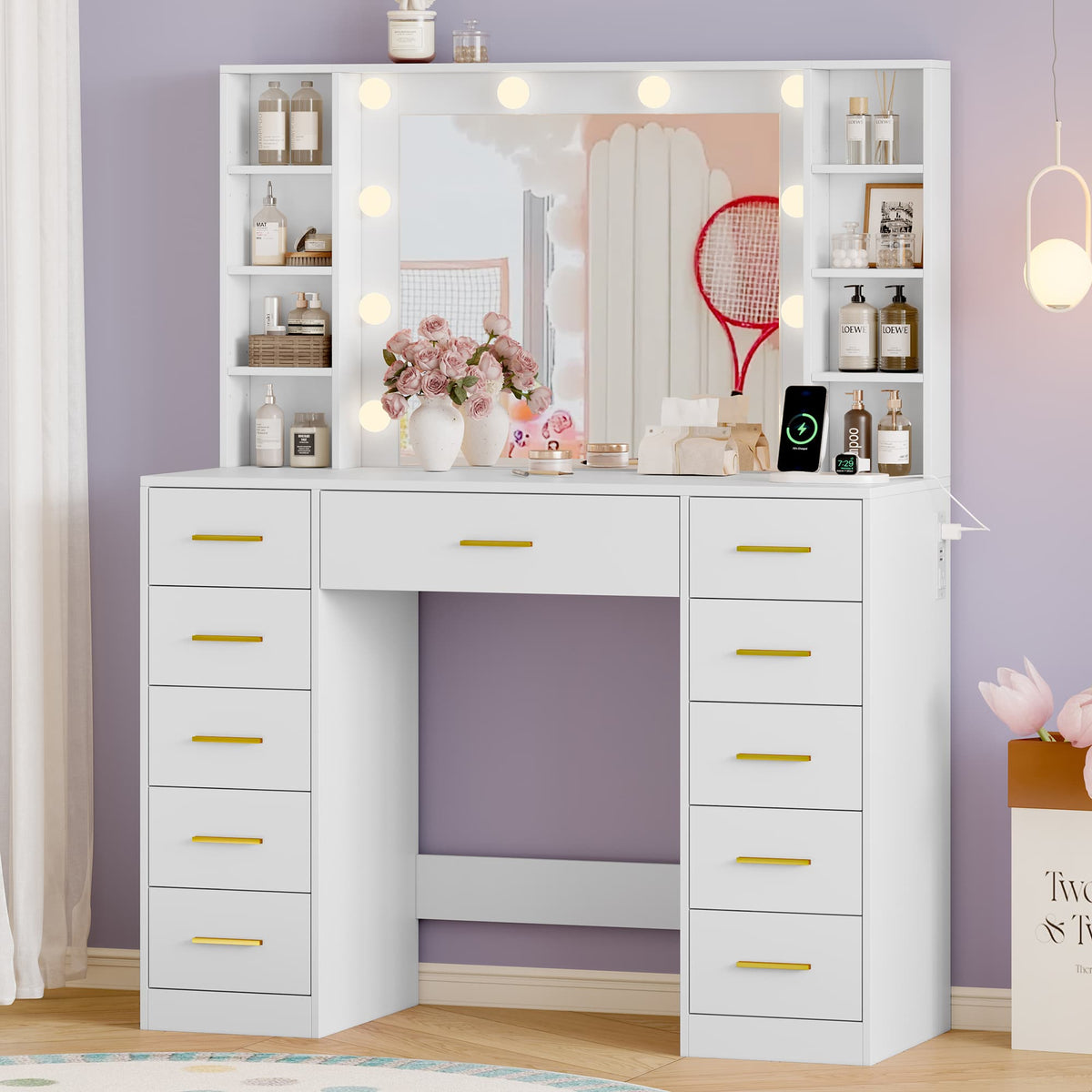 HLG166 Vanity Desk With HD Lighted Mirror and Lights