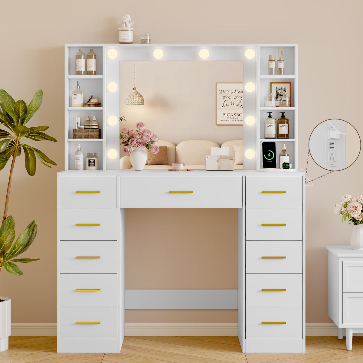 HLG166 Vanity Desk With HD Lighted Mirror and Lights