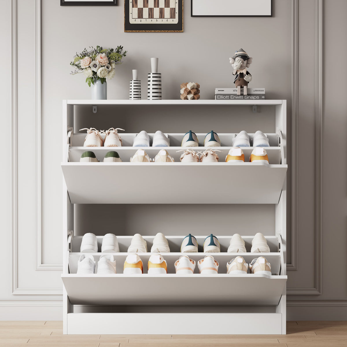 Front view of a white wooden cabinet for shoes displaying high storage capacity. An ideal entryway shoe storage cabinet designed for seamless home organization.