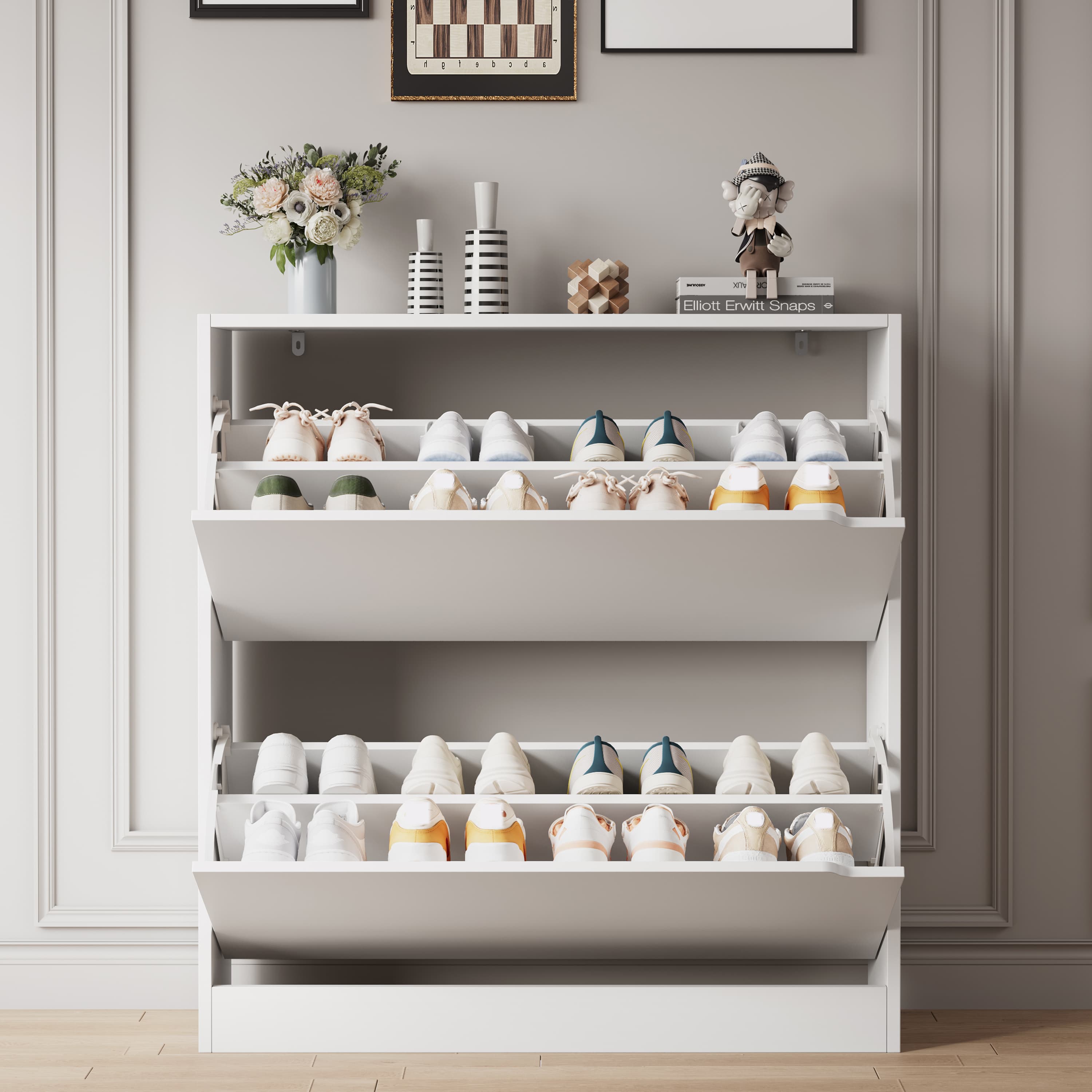 Front view of a white wooden cabinet for shoes displaying high storage capacity. An ideal entryway shoe storage cabinet designed for seamless home organization.