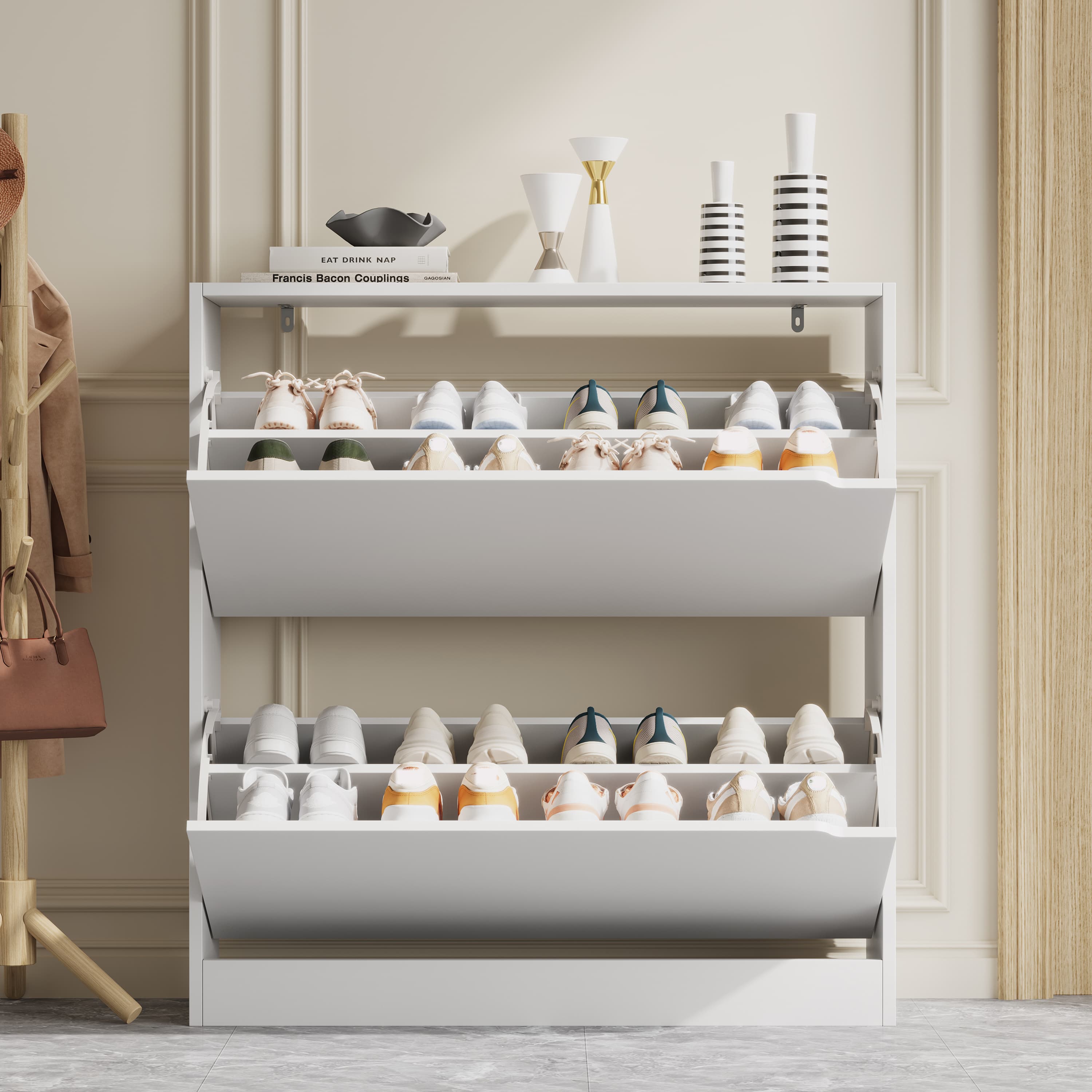 Stylish white entryway shoe cabinet with decorative vases on top, featuring ample shoe cabinet storage for your daily footwear and sneakers.