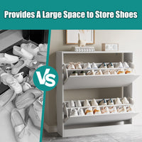 Before and after comparison showing cluttered shoes versus a neat white shoe organizer cabinet. Provides excellent shoe storage for a clean and tidy floor.