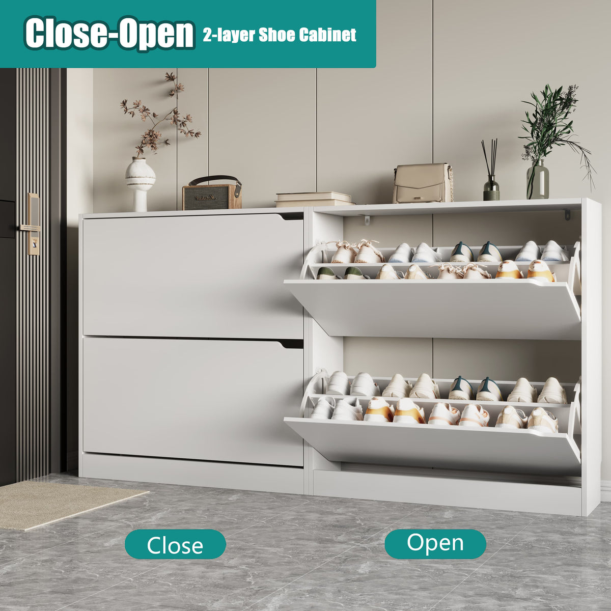 Demonstrating the closed and open states of a white shoe cabinet for entryway. These ultra-slim shoe cabinets keep your foyer tidy while maintaining a sleek profile.