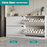 Demonstrating the closed and open states of a white shoe cabinet for entryway. These ultra-slim shoe cabinets keep your foyer tidy while maintaining a sleek profile.
