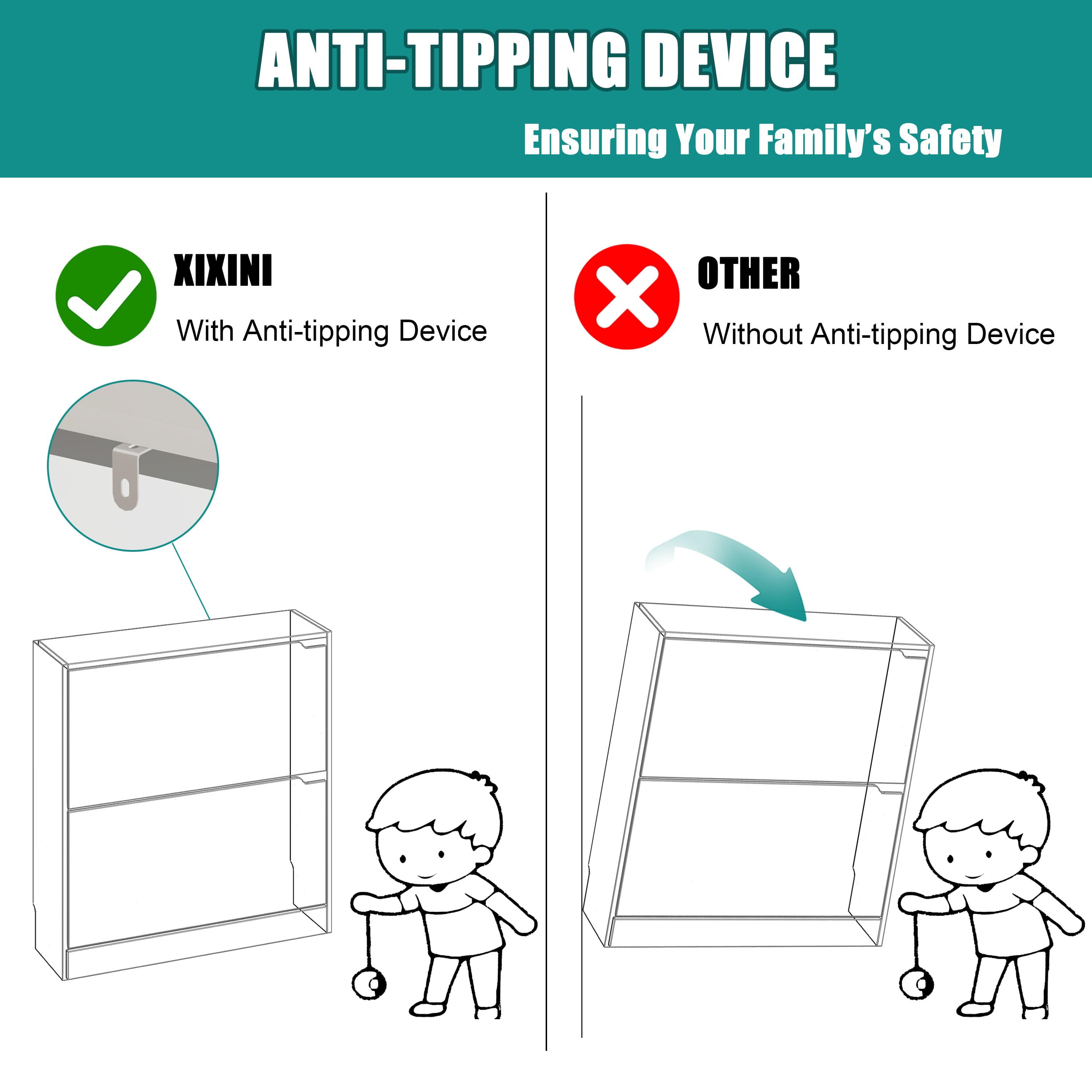 Safety anti-tipping device installation guide for the white tall shoe cabinet. Secure this robust shoe rack cabinet to the wall to ensure family and child safety.