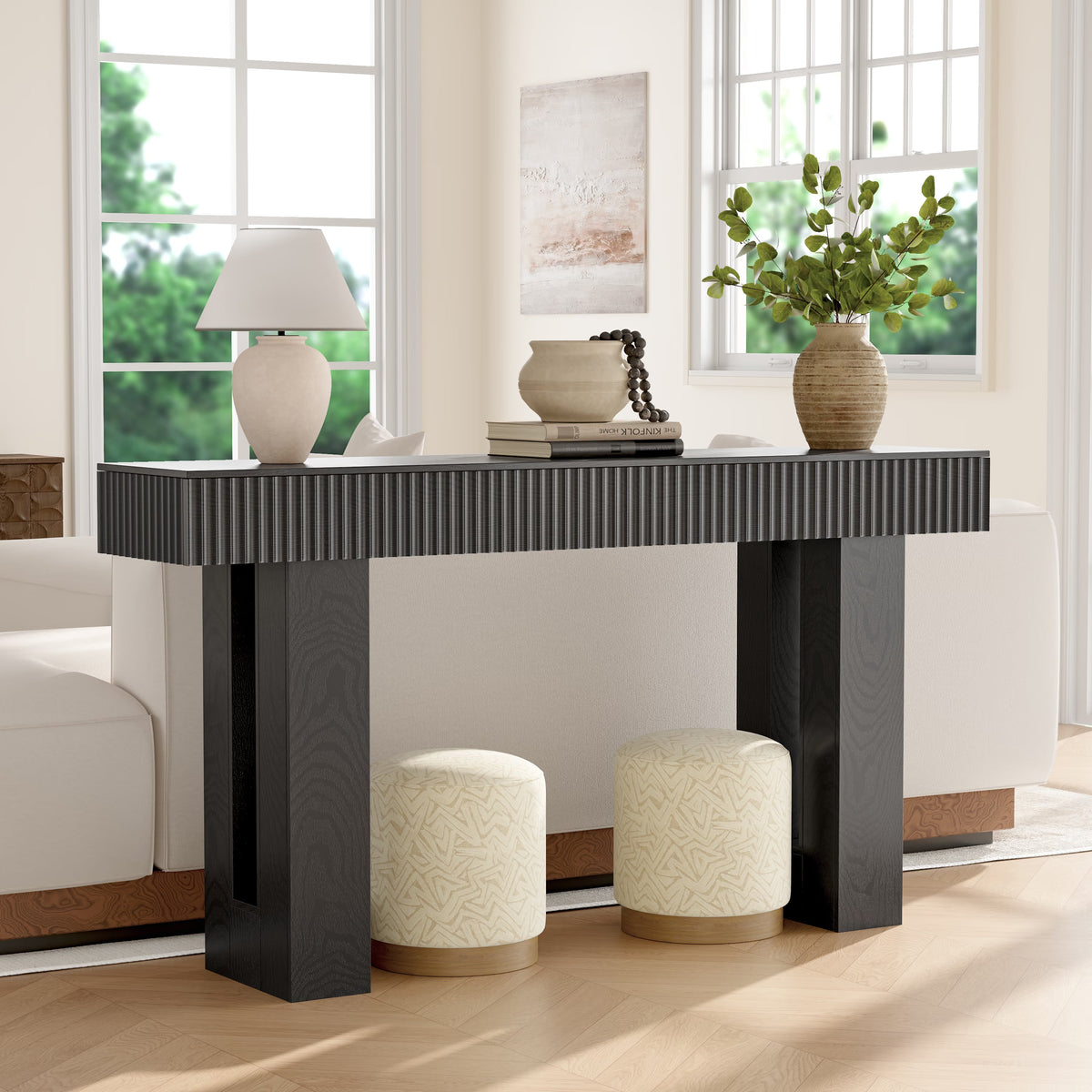 Anymaple HLG193 Black 63 inch fluted console table, behind couch sofa table layout for living room storage and display
