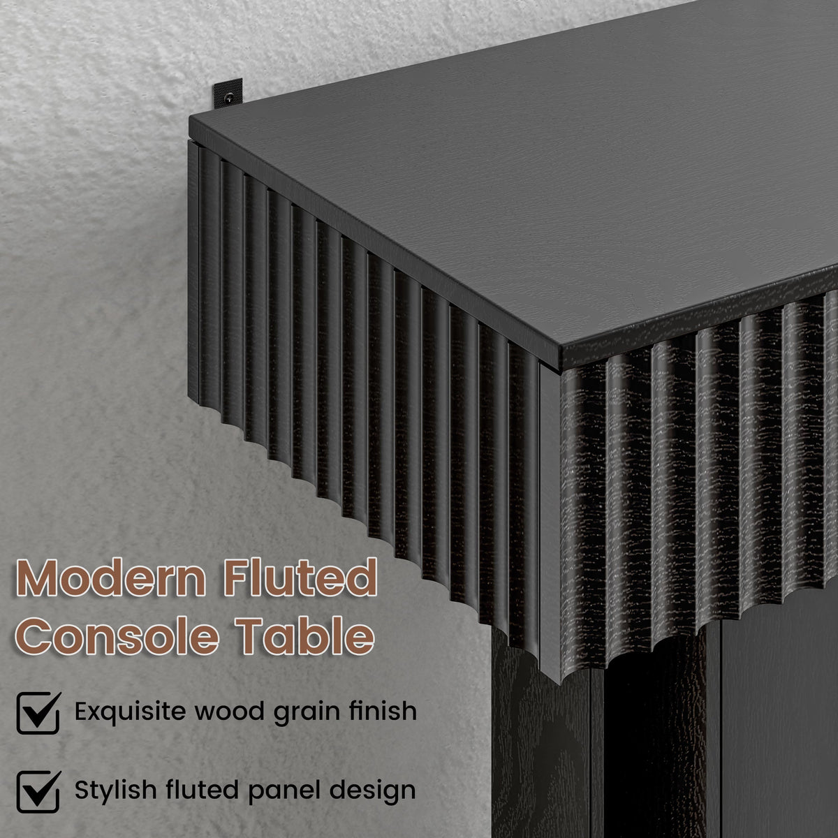 Anymaple HLG193 Black 63 inch fluted console table, close up of fluted panel texture and wood grain finish
