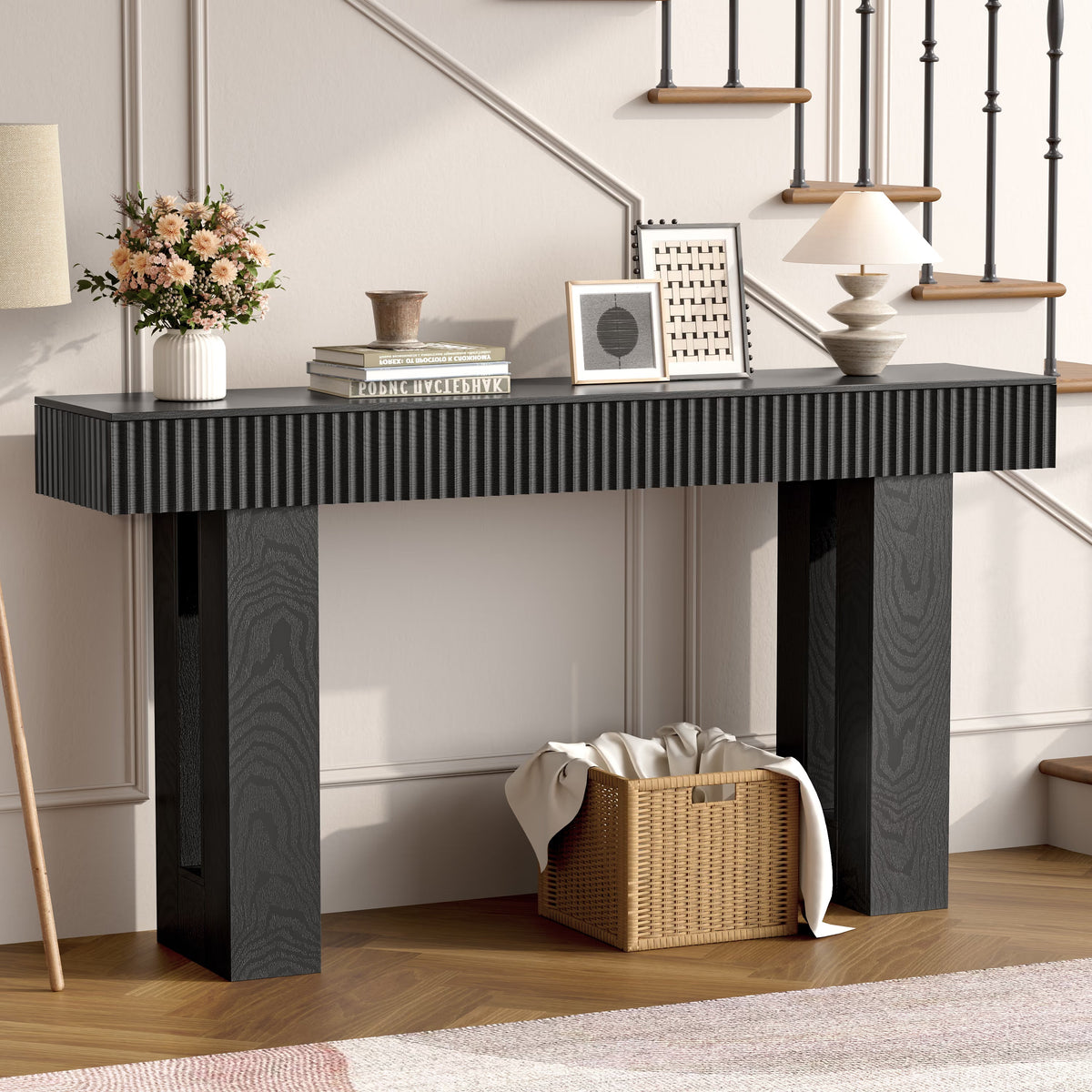 Anymaple HLG193 Black 63 inch fluted console table, hallway console table styled under stairs with lamps and decor