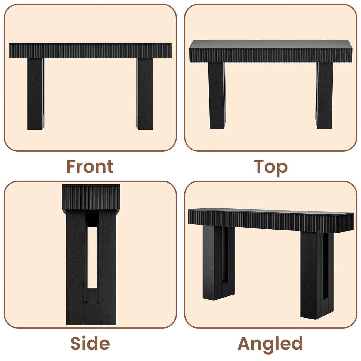 Anymaple HLG193 Black 63 inch fluted console table, multi angle structure view showing front side top and leg details