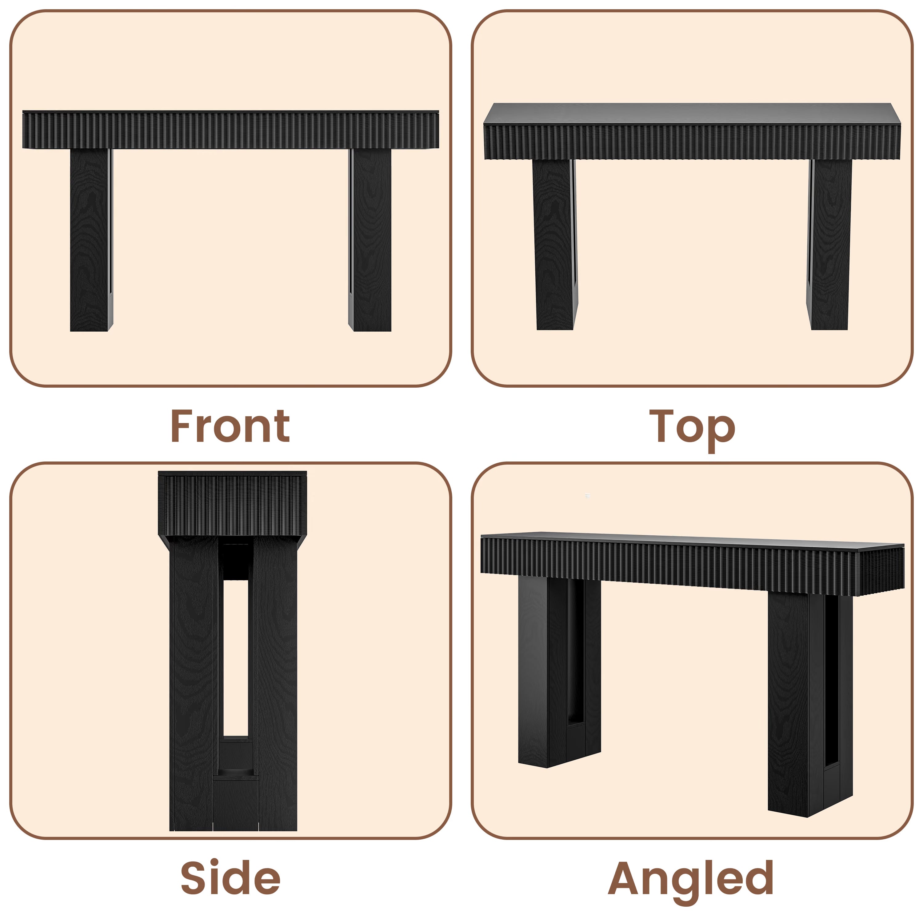 Anymaple HLG193 Black 63 inch fluted console table, multi angle structure view showing front side top and leg details