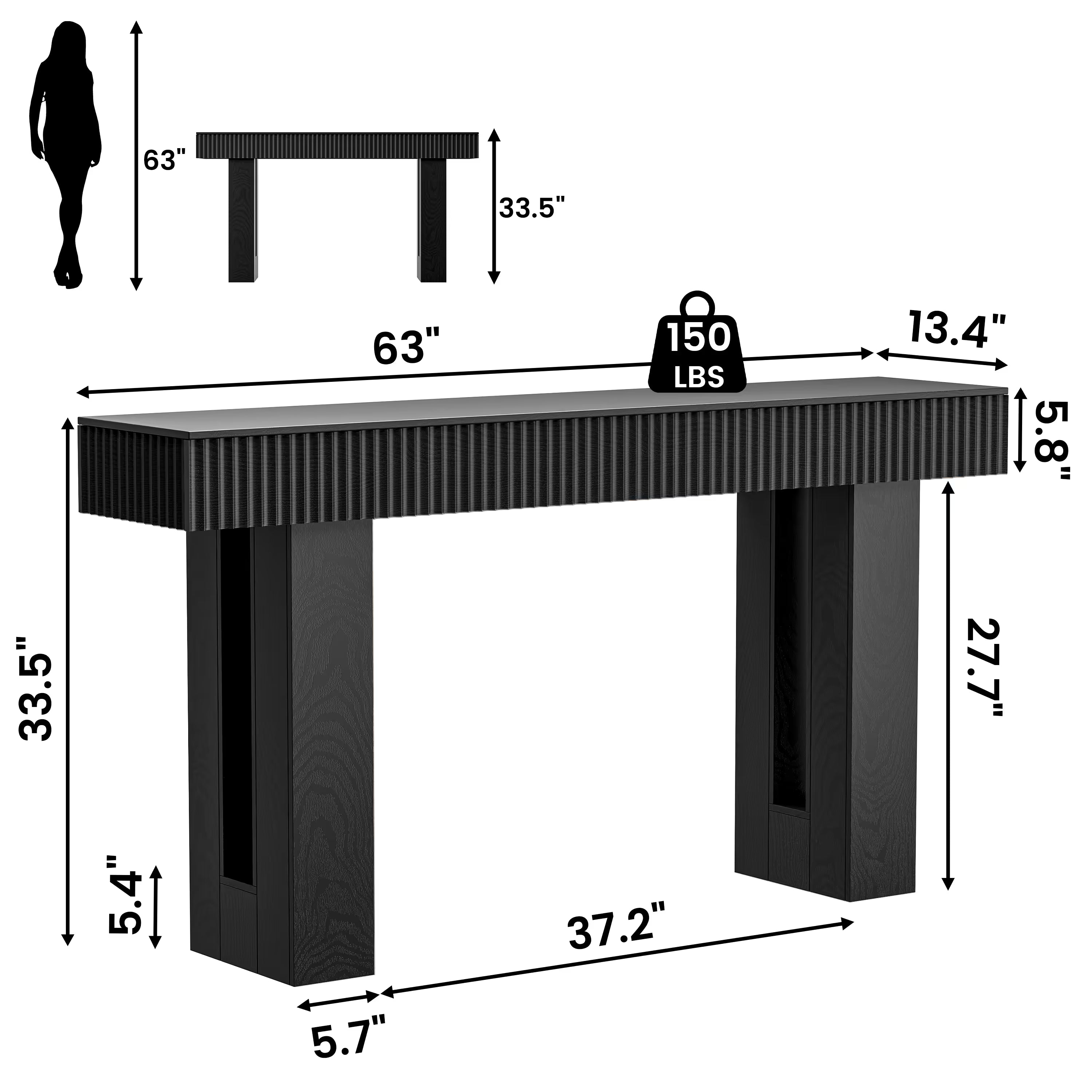 Anymaple HLG193 Black 63 inch fluted console table, long narrow console table styled in a living space