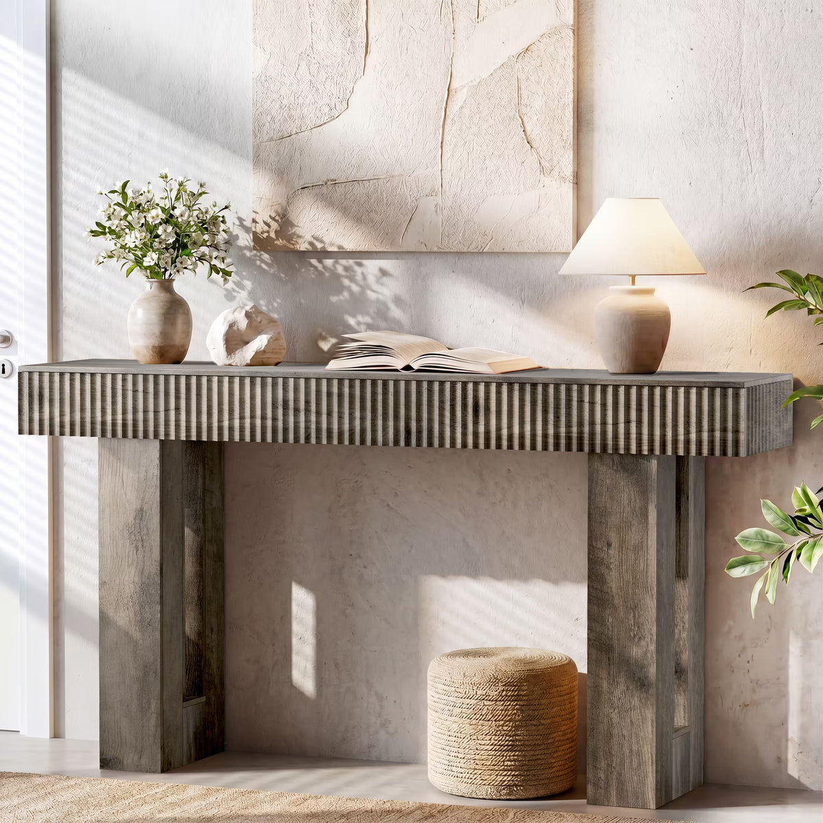 Anymaple HLG193 Gray 63 inch fluted console table, entryway table styled with decor for a modern foyer