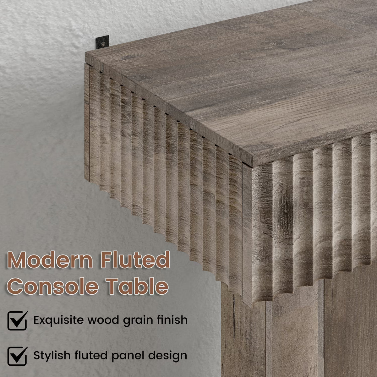 Anymaple HLG193 Gray 63 inch fluted console table, close up of fluted panel texture and wood grain finish