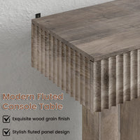 Anymaple HLG193 Gray 63 inch fluted console table, close up of fluted panel texture and wood grain finish