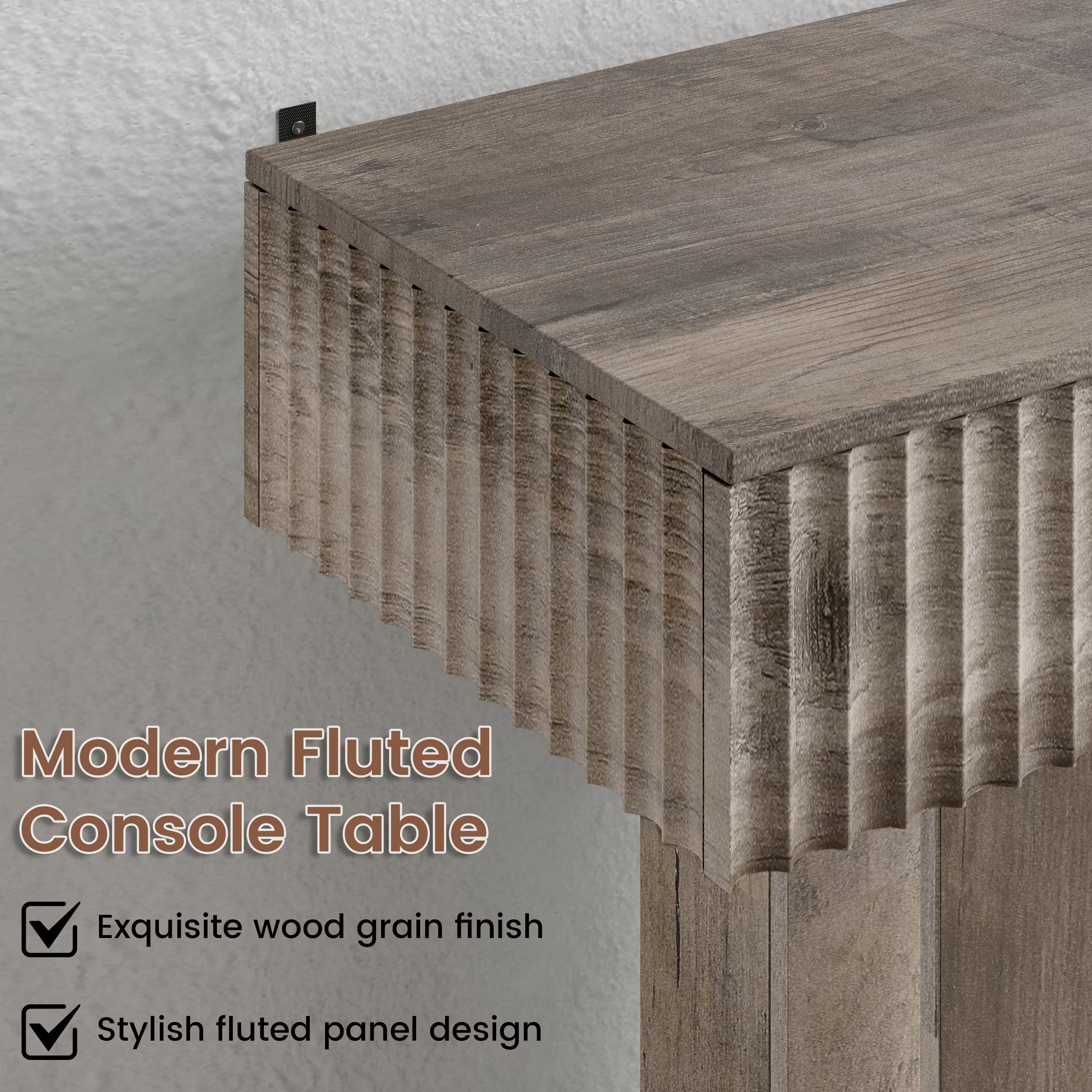 Anymaple HLG193 Gray 63 inch fluted console table, close up of fluted panel texture and wood grain finish