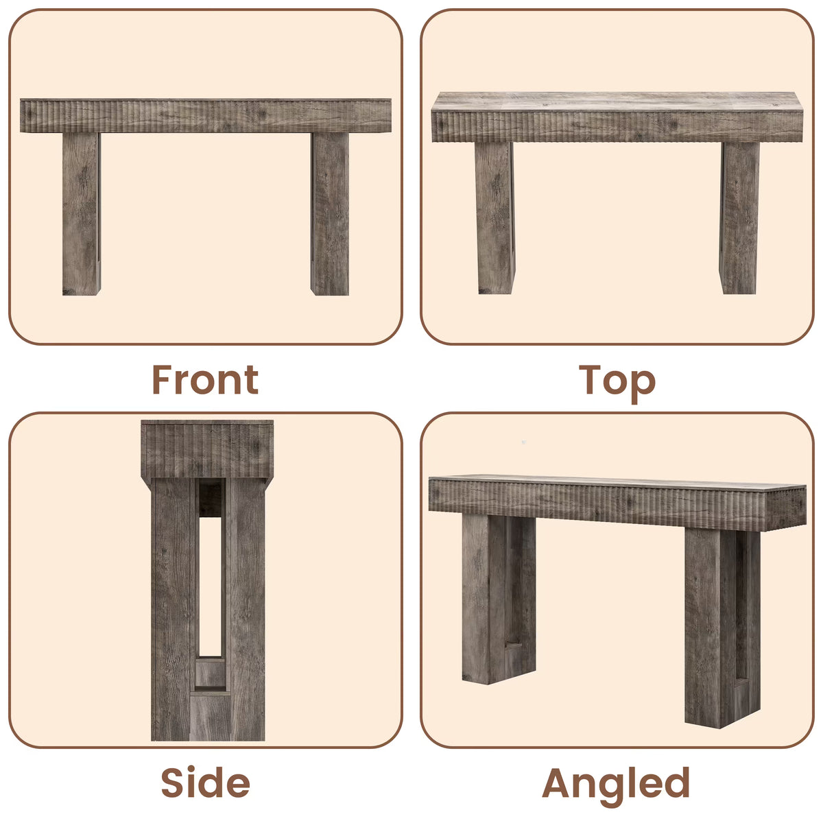 Anymaple HLG193 Gray 63 inch fluted console table, multi angle structure view showing front side top and leg details