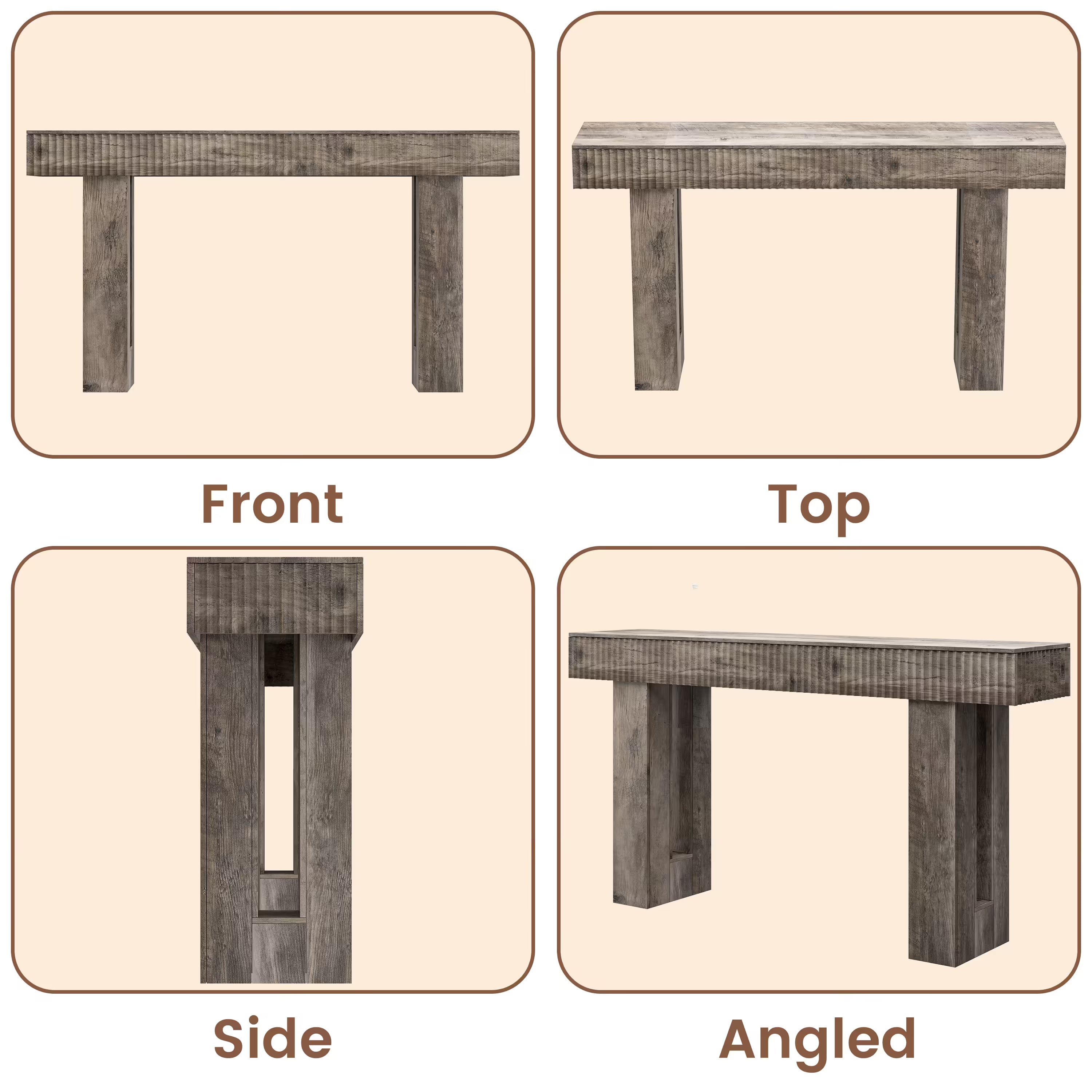 Anymaple HLG193 Gray 63 inch fluted console table, multi angle structure view showing front side top and leg details