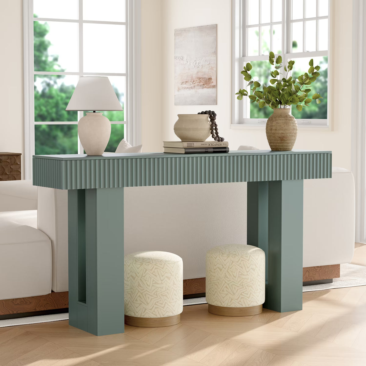 Anymaple HLG193 Green 63 inch fluted console table, behind couch sofa table layout for living room storage and display