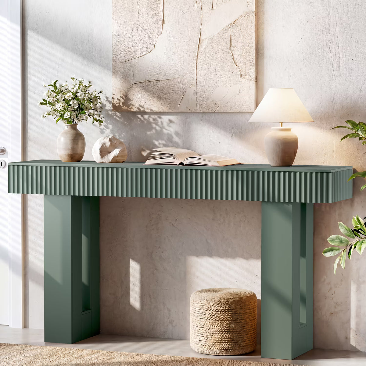 Anymaple HLG193 Green 63 inch fluted console table, entryway table styled with decor for a modern foyer