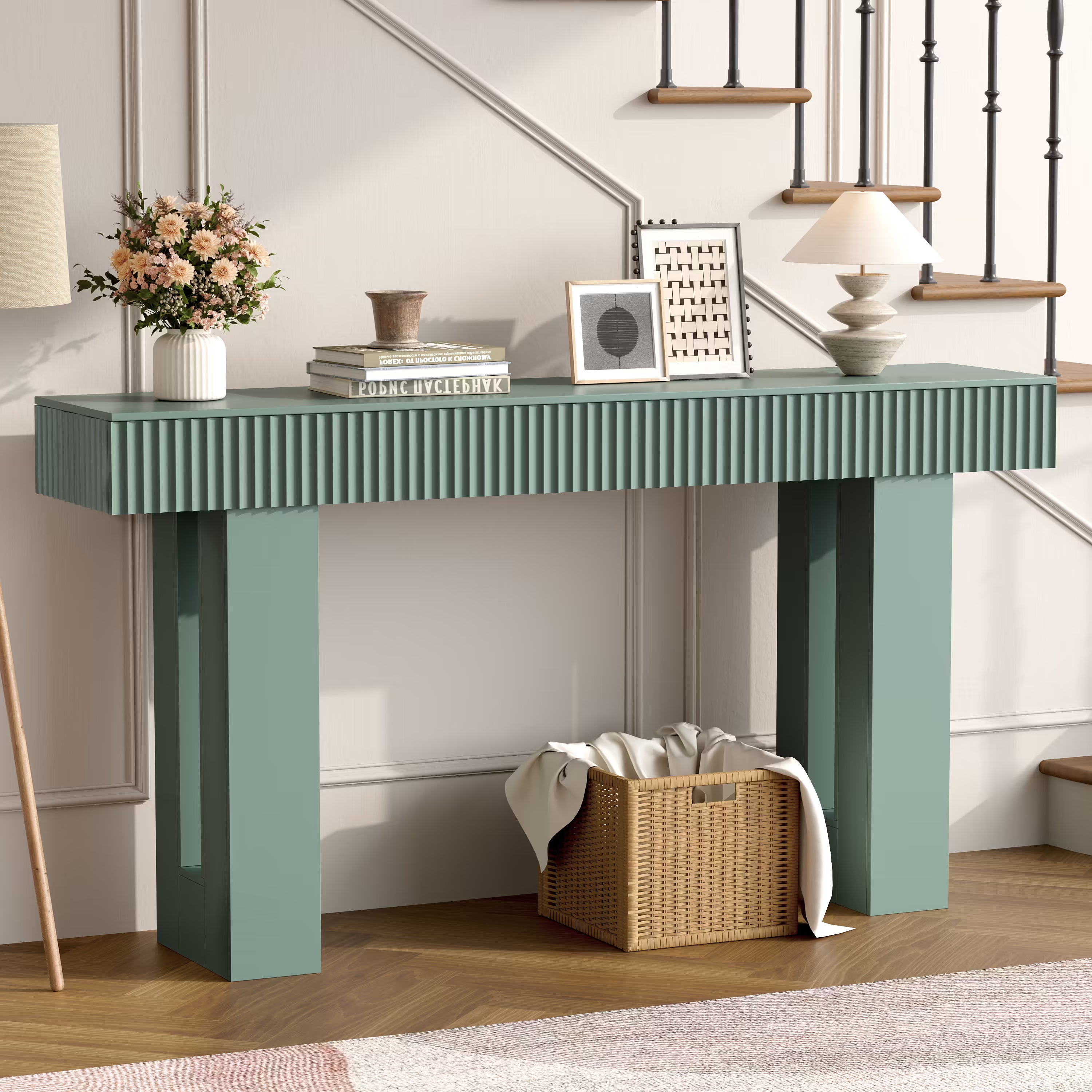 Anymaple HLG193 Green 63 inch fluted console table, hallway console table styled under stairs with lamps and decor