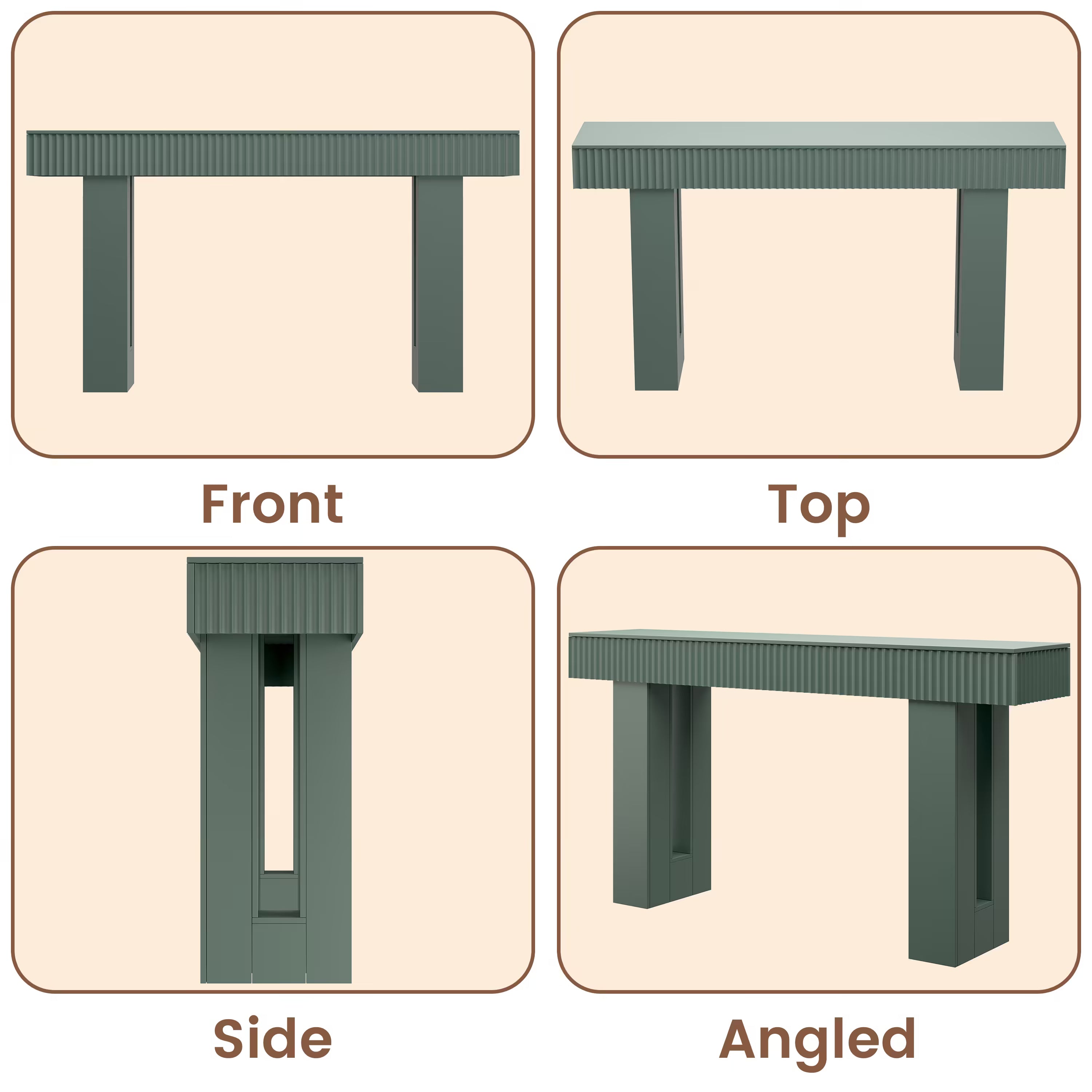 Anymaple HLG193 Green 63 inch fluted console table, multi angle structure view showing front side top and leg details
