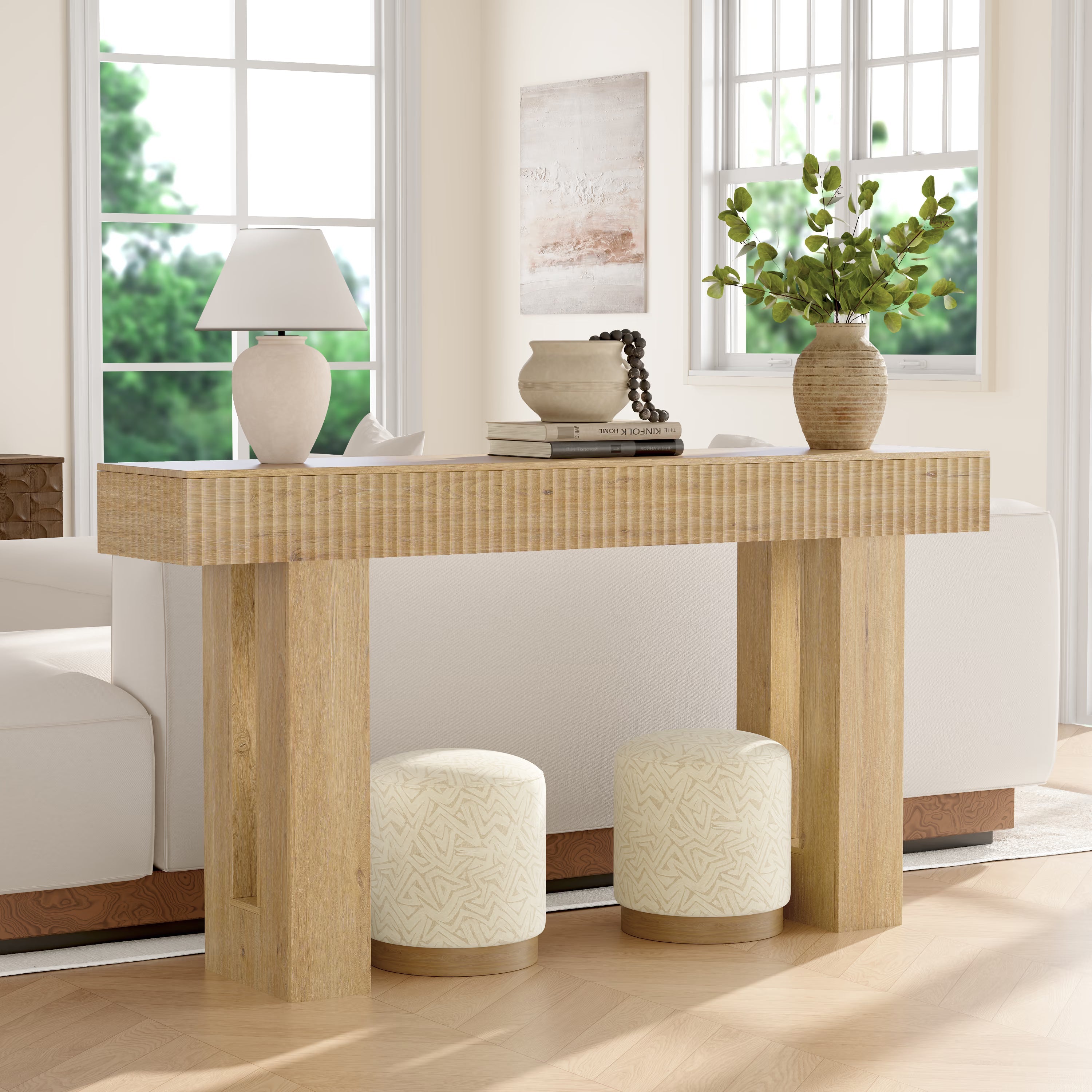 Anymaple HLG193 Oak 63 inch fluted console table, behind couch sofa table layout for living room storage and display