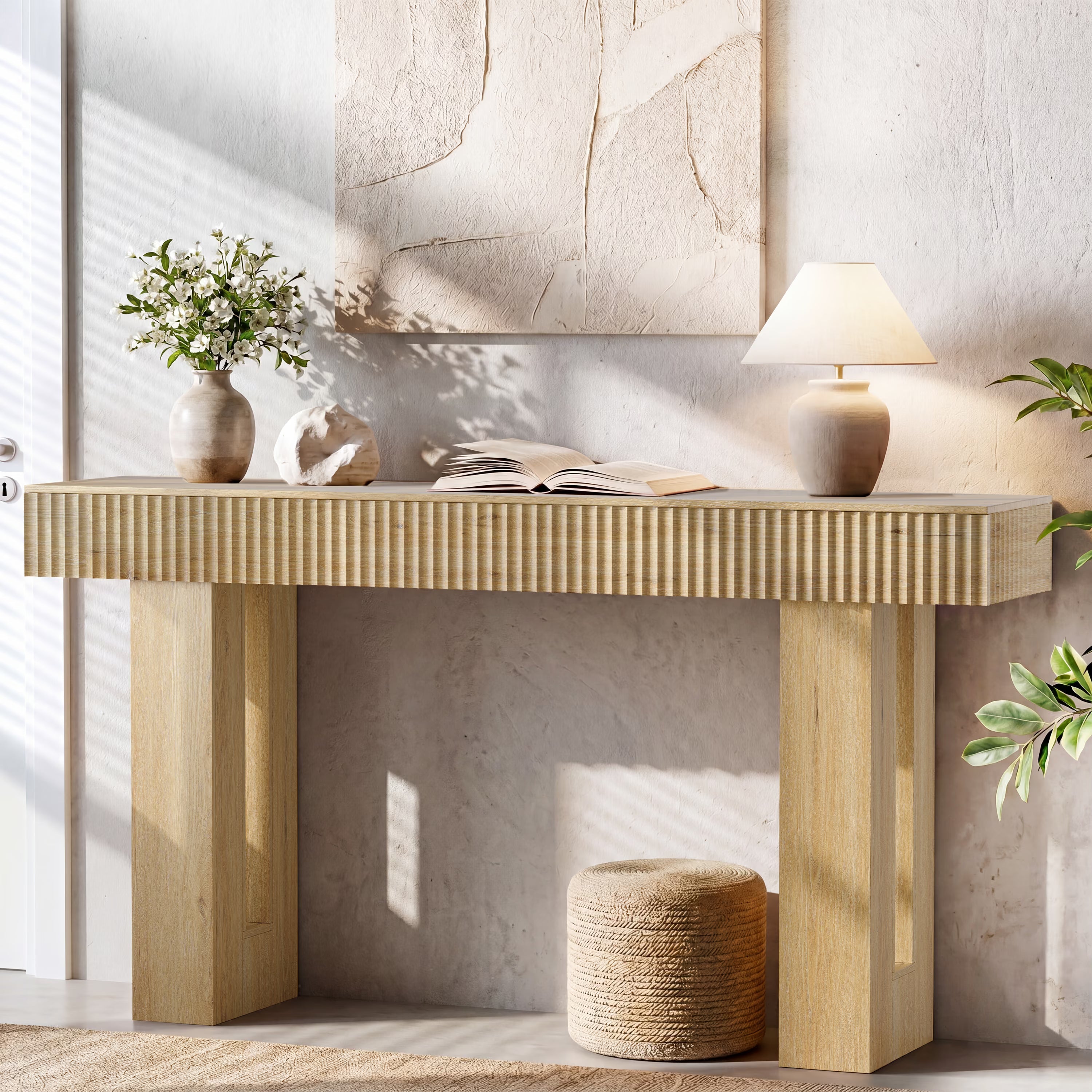 Anymaple HLG193 Oak 63 inch fluted console table, entryway table styled with decor for a modern foyer