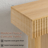 Anymaple HLG193 Oak 63 inch fluted console table, close up of fluted panel texture and wood grain finish