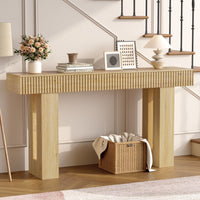 Anymaple HLG193 Oak 63 inch fluted console table, hallway console table styled under stairs with lamps and decor